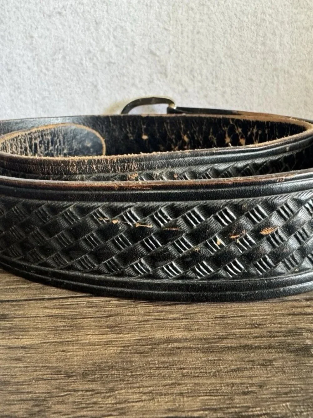 Distressed Black Leather Basketweave Belt Western 38